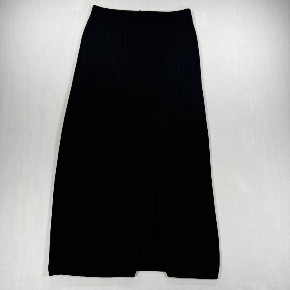 Free People Black Ribbed Knit Midi Skirt Front Slit Elastic Waist Size M